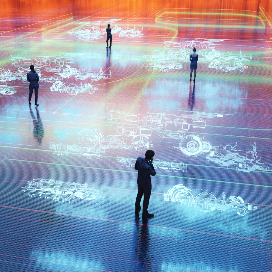 Two people standing by water with white panel